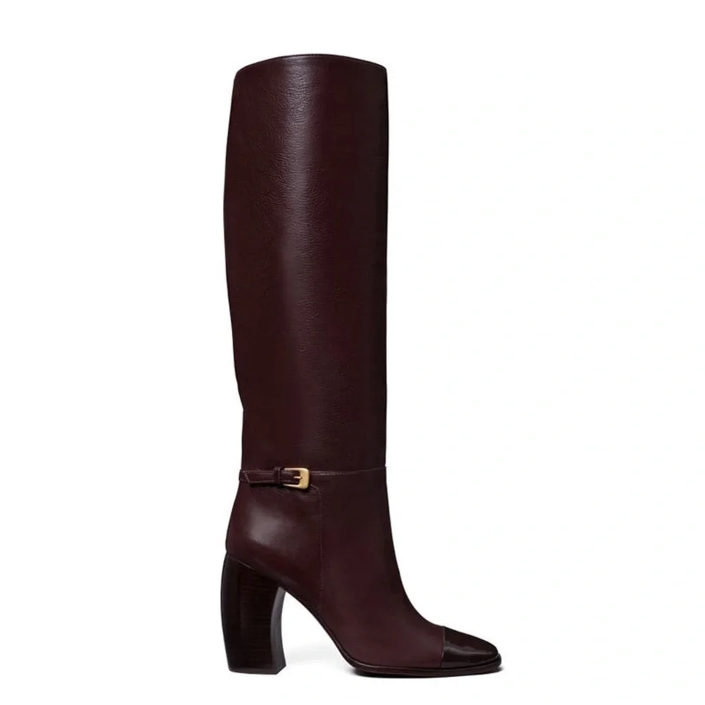 NEW Tory Burch Banana Heel Tall Leather Boots in Plum Sz. 5